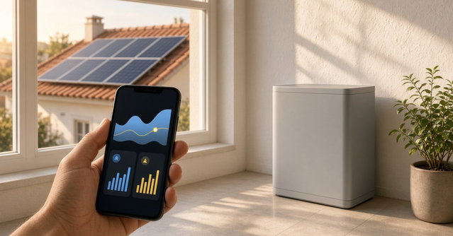 Bateria doméstica cinzenta junto a uma janela com painéis solares no telhado, enquanto uma mão consulta dados de energia no telemóvel