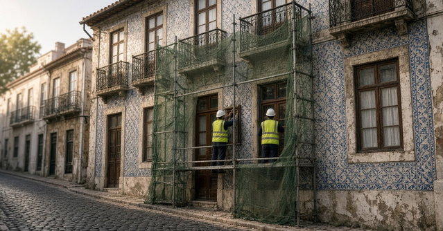 Fachada de um prédio antigo de azulejo num bairro histórico português, coberta por andaimes e rede de proteção, com operários a reabilitar as janelas e a varanda de ferro, à luz suave da manhã
