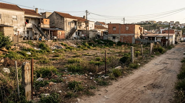 Lote de terreno vazio com marcos de delimitação junto a uma rua de terra batida e moradias de construção irregular na periferia urbana