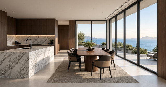 Cozinha e sala de jantar com ilha de mármore e mesa de madeira, com janelas amplas e vista para o mar