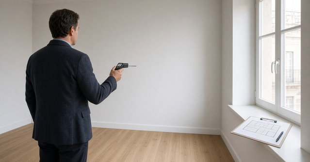 Perito avaliador a medir com um medidor laser a parede de uma sala vazia de um apartamento, com uma planta da casa impressa e uma prancheta pousadas no parapeito da janela, à luz natural da manhã