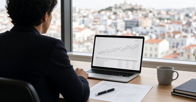 Consultor visto de costas num escritório luminoso a analisar gráficos de mercado num portátil, com os telhados de Lisboa desfocados ao fundo