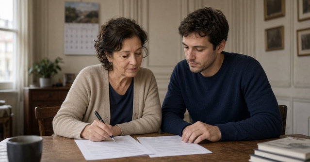 Senhoria e inquilino sentados a uma mesa de madeira numa sala com luz natural, a rever juntos as páginas de um contrato impresso, com uma janela de um prédio antigo de Lisboa ao fundo