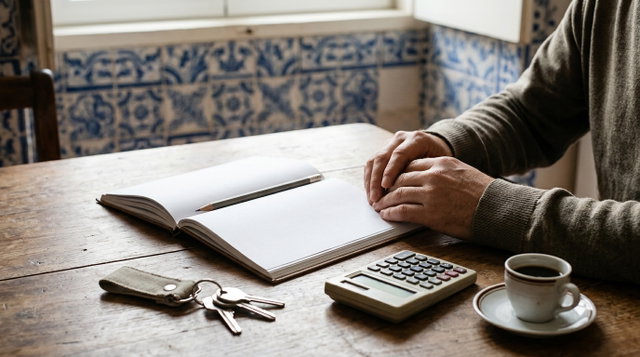 Mesa de cozinha com azulejos azuis e brancos, caderno aberto, calculadora, chaves de casa e café, preparada para fazer o orçamento familiar