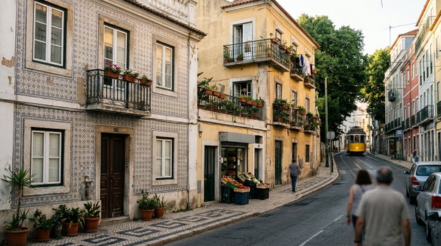 Rua residencial em Portugal com fachadas de azulejo, mercearia de bairro, calçada portuguesa e um elétrico ao fundo