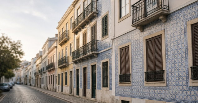 Rua residencial de Lisboa com prédios antigos revestidos a azulejo, varandas de ferro e janelas com portadas fechadas, ao início da manhã