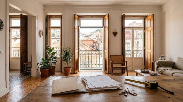 Sala luminosa de um apartamento antigo em Portugal com portadas abertas para telhados de telha, e uma mesa com documentos, chaves e fita métrica