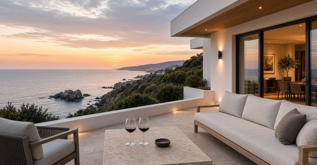Terraço de casa moderna ao pôr do sol, com sofá exterior e dois copos de vinho tinto, e vista para a costa atlântica