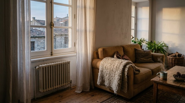 Sala de uma casa portuguesa ao fim da tarde, com janela de caixilharia de madeira, radiador livre de obstáculos e manta de lã sobre o sofá
