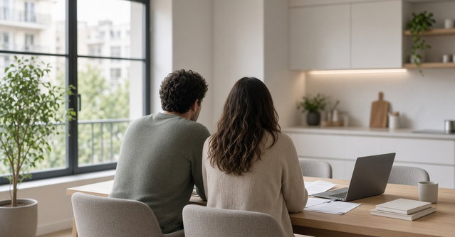 Casal de costas à mesa da cozinha a analisar documentos e um portátil, a ilustrar o reembolso antecipado do crédito à habitação