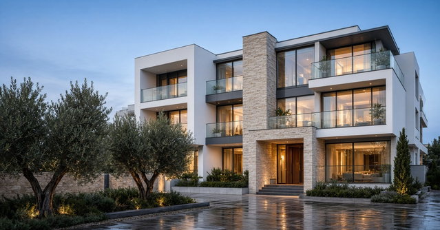 Edifício residencial contemporâneo ao anoitecer, com varandas de vidro, fachada em pedra e interiores iluminados, rodeado de oliveiras