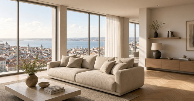 Sala de estar de apartamento premium com sofá claro e grandes janelas com vista sobre o Tejo e os telhados de Lisboa