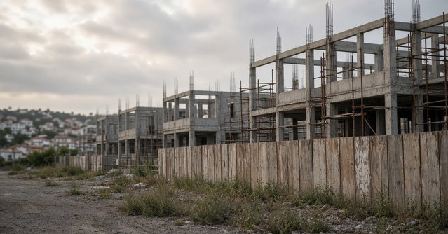 Estruturas de betão inacabadas de moradias geminadas, com ferros à vista e andaimes enferrujados, atrás de um tapume de madeira gasto, num terreno com ervas e um céu nublado ao fim da tarde