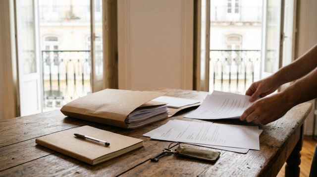 Mesa de madeira junto a janelas de sacada com pasta de documentos, caderno e chave de casa, enquanto alguém organiza papéis para uma candidatura a arrendamento