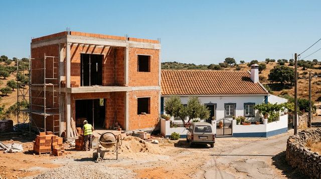 Moradia em construção em tijolo e betão ao lado de uma casa térrea branca com telhado de telha, numa aldeia do interior de Portugal